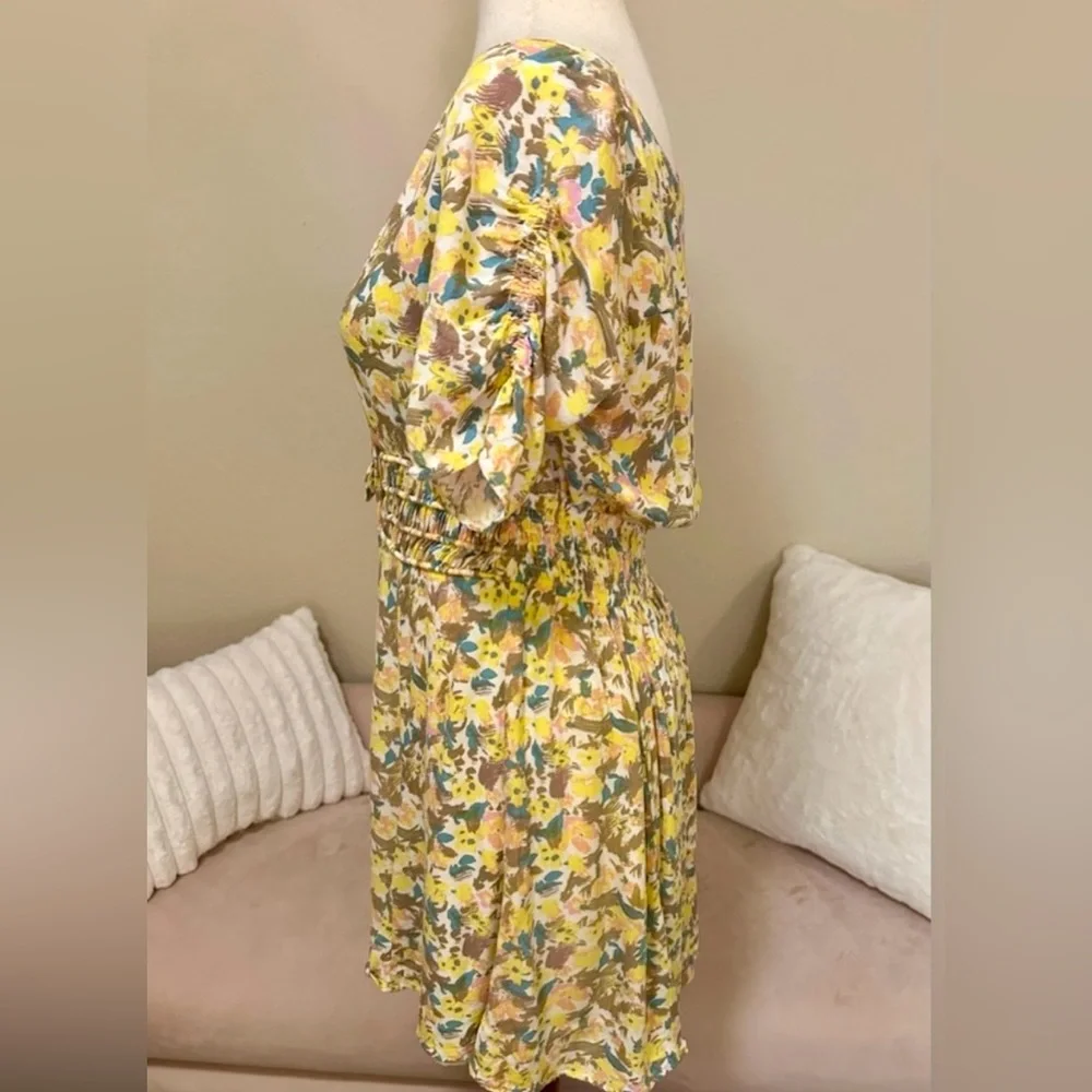 Free People Forget Me Knot yellow floral tie front V neck minidress women’s Sz 8 - Picture 4 of 14